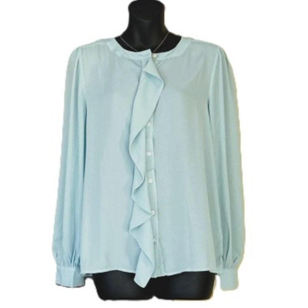 Ann Taylor Long-Sleeve Ruffle Front Blouse | Generously Sized XXS | Green